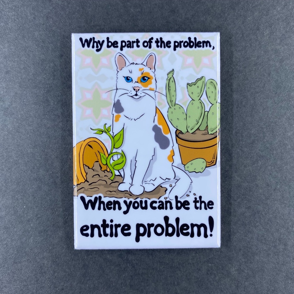 Calico Cat & Plants Magnet, Funny Pet Portrait Decor Gift Handmade 2x3"